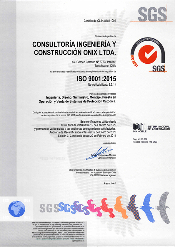 Certificado ISO 9001:2015 Onix